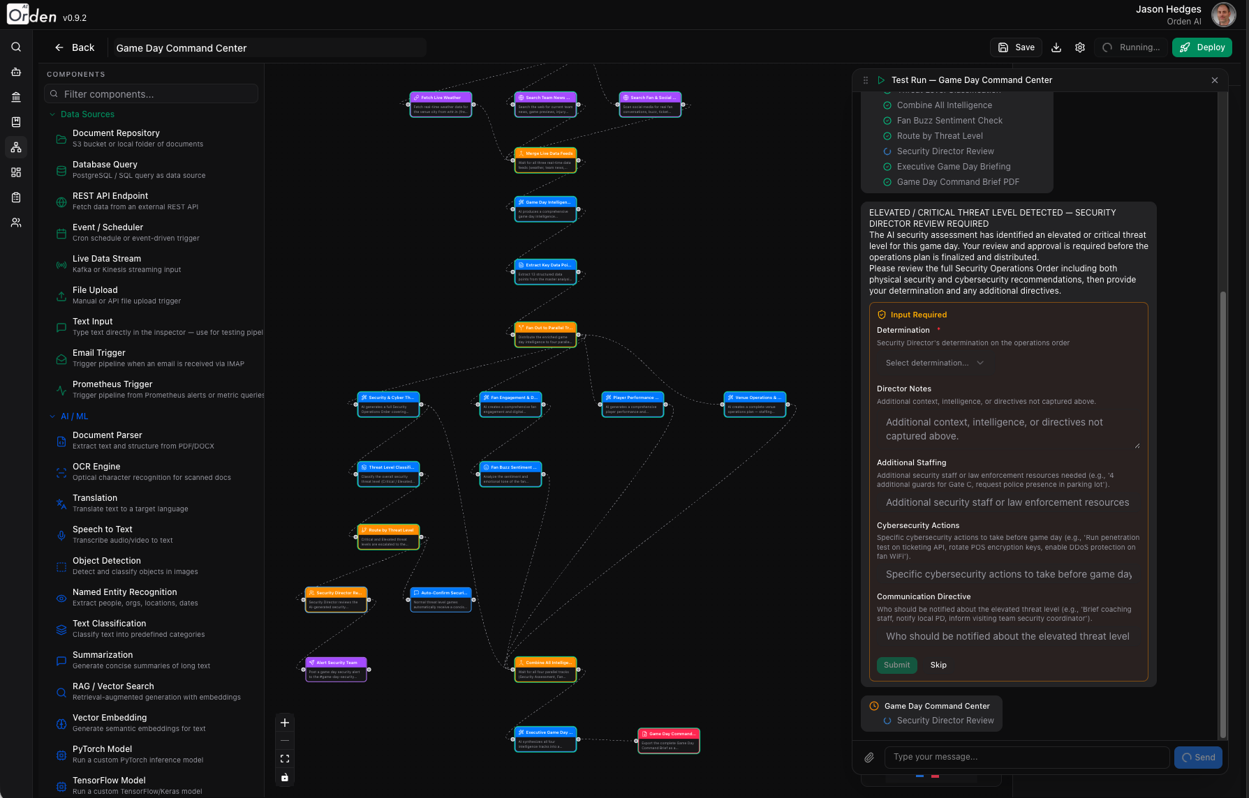 Pipeline editor with connector configuration and node inspector