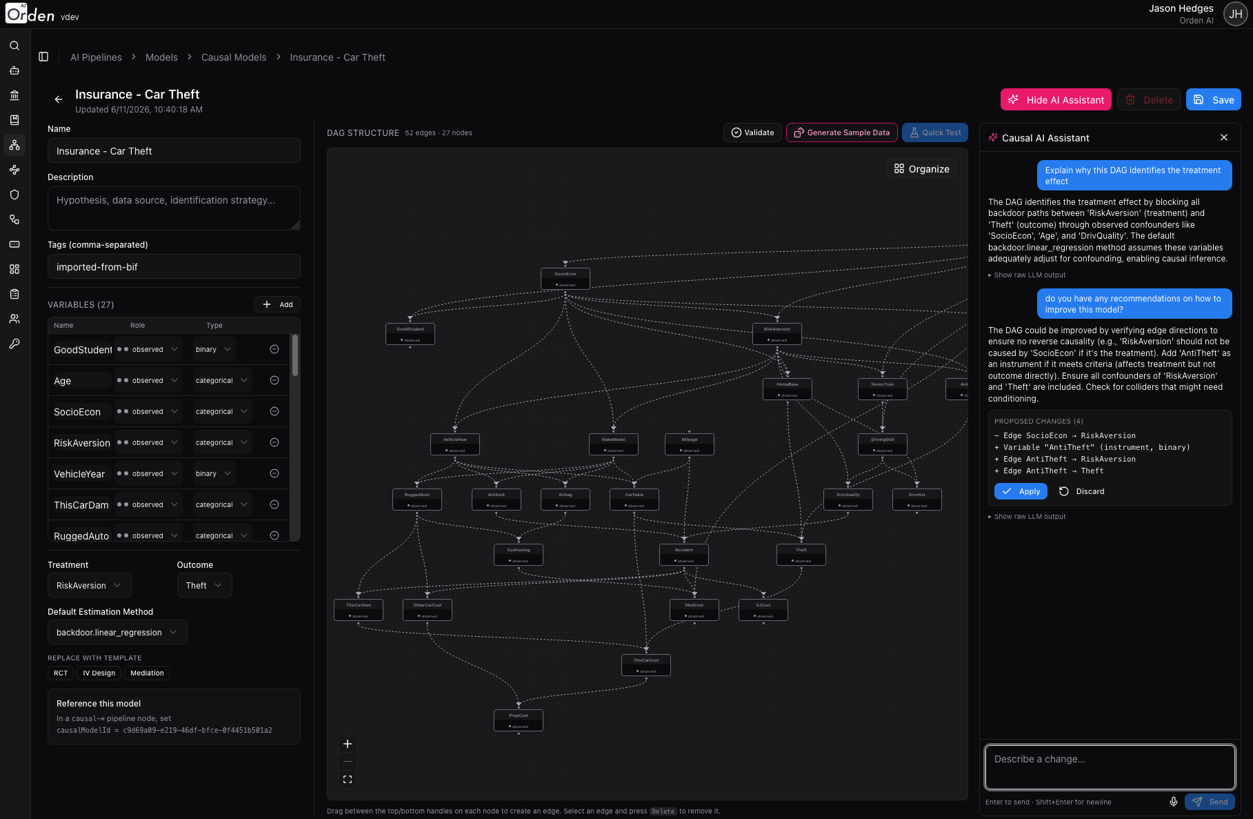 Causal model editor: DAG structure with AI-assisted review