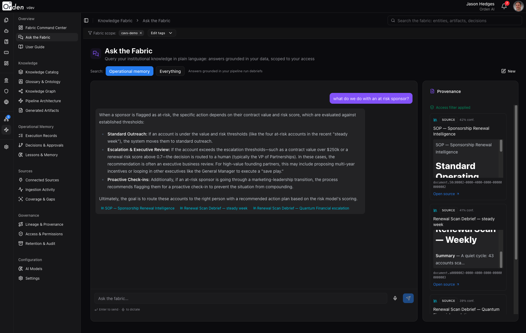 Ask the Fabric: a grounded answer with a confidence-scored source panel and open-source links