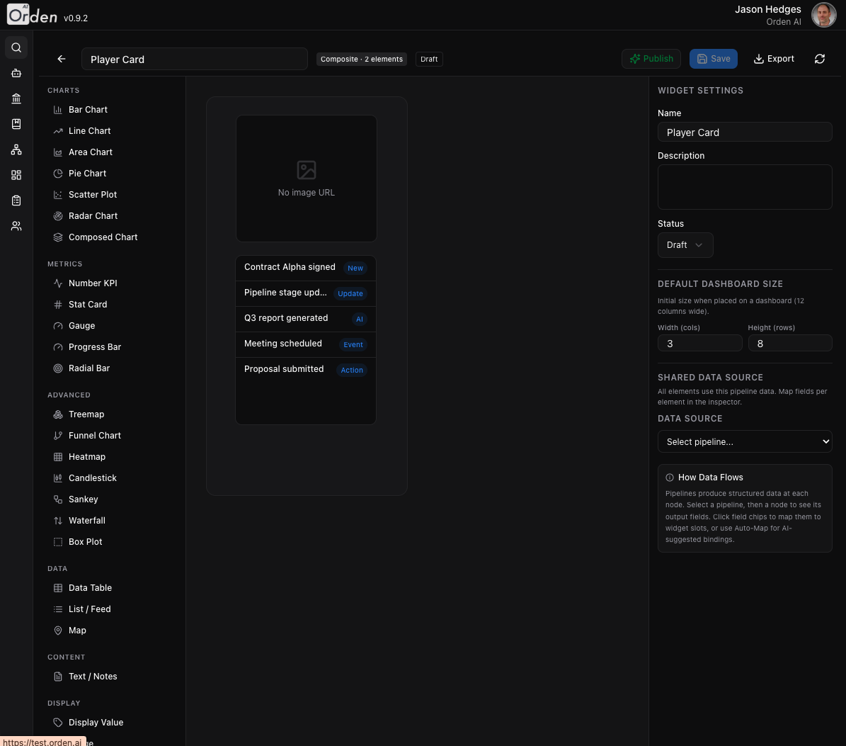 Widget builder with live preview and configuration panel